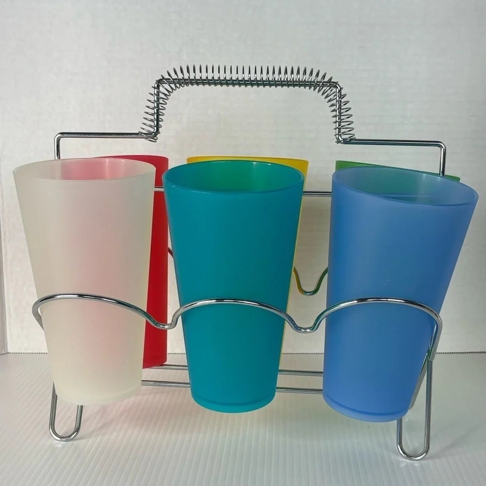 6 Vintage ? Colorful Plastic Drinking Glasses With Metal Holder Barware MCM